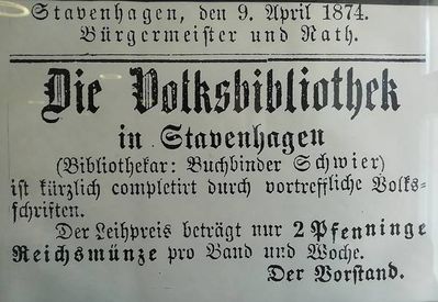Stadtbibliothek Stavenhagen Ausschnitt eines alten Artikels über die Volksbibliothek vom 9.4.1874